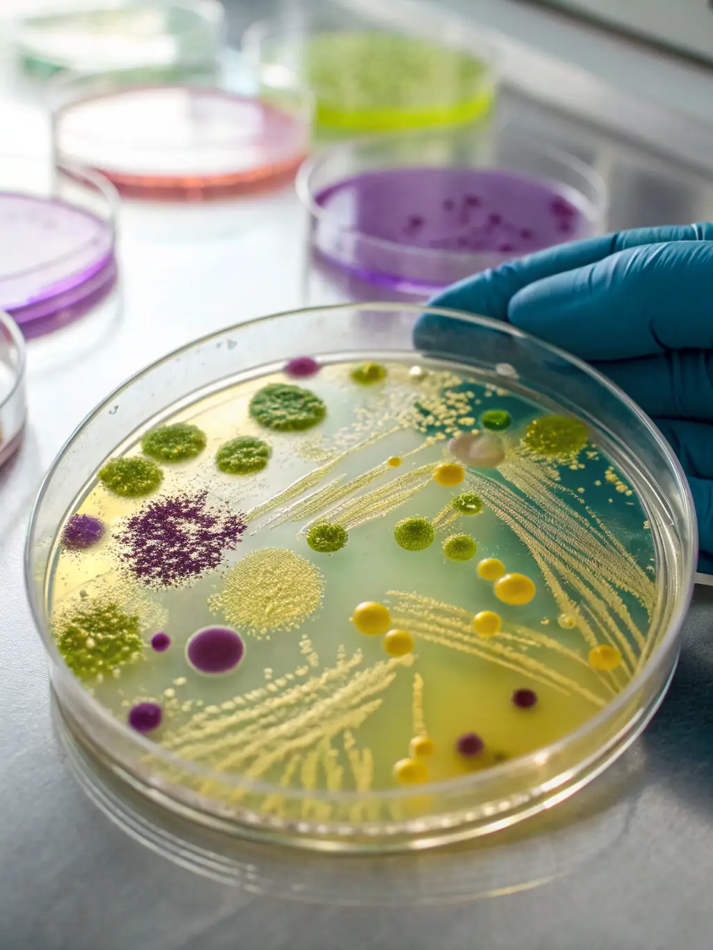 A close-up shot of a scientist in a lab coat examining a petri dish with glowing bacteria, symbolizing cutting-edge research in personalized medicine. The image is for the 'Personalized Medicine' feature.