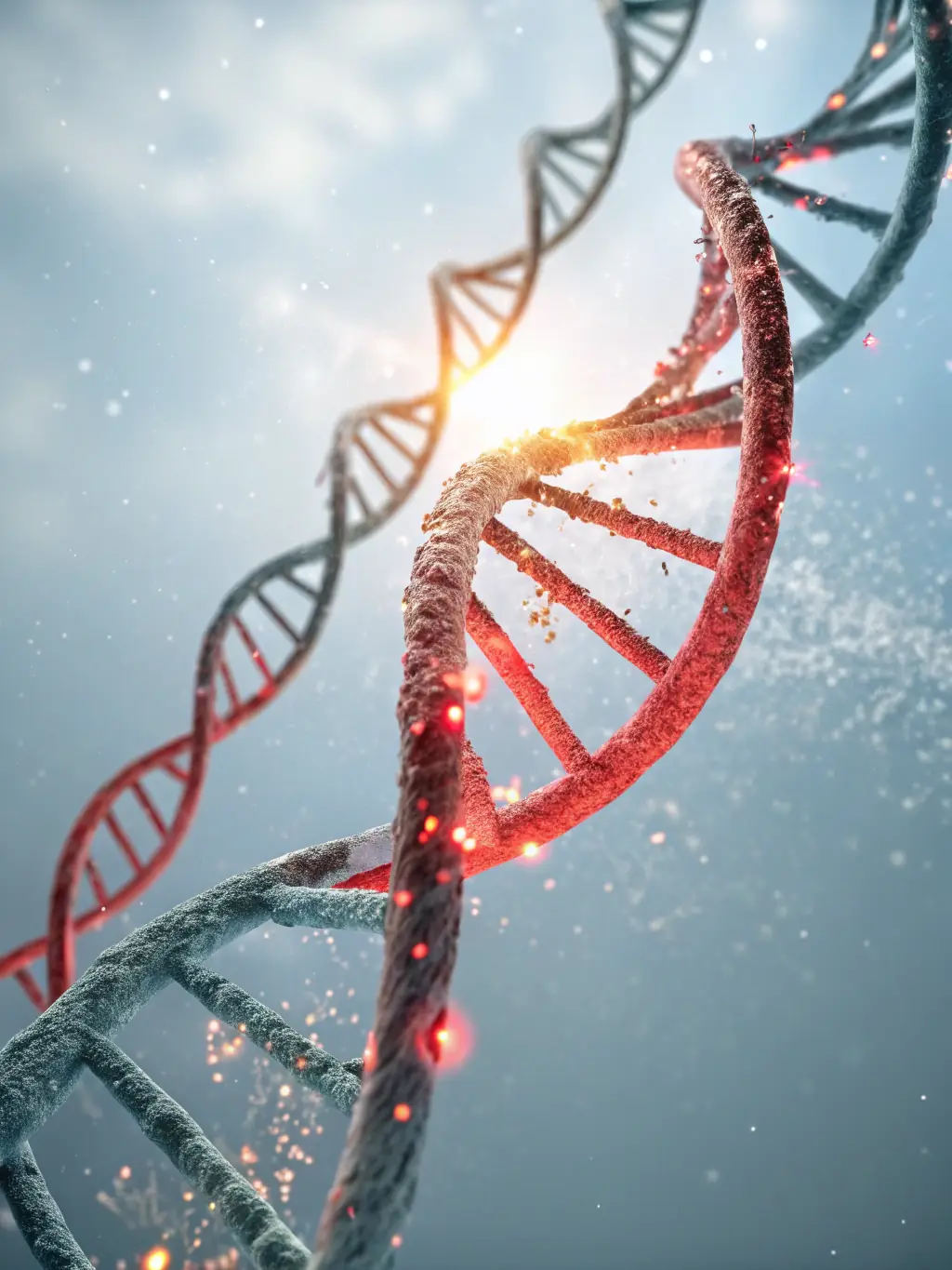 A futuristic rendering of a CRISPR-Cas9 system editing a DNA strand, illustrating the potential and ethical considerations of gene editing technologies. The image is for the 'Gene Editing' feature.